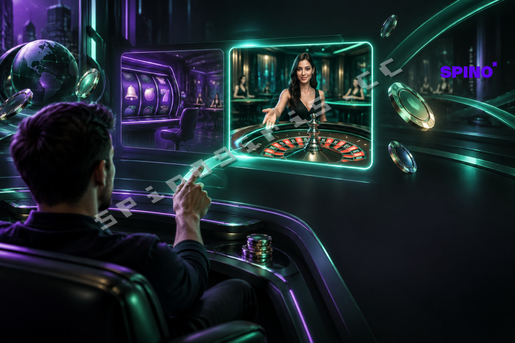 Koyu zeminde mor ve turkuaz ışıklarla çevrelenen dönen rulet çarkı ve kripto para simgeleri, Spino canlı casino lobisine geçişi betimliyor.