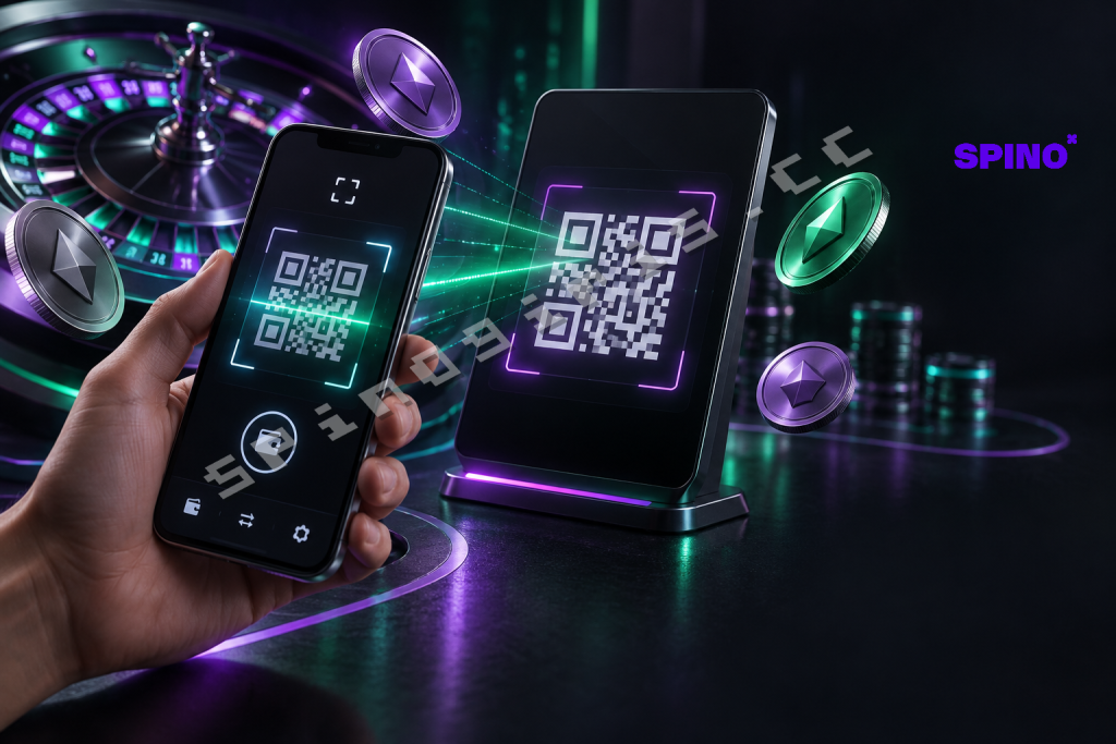 Koyu zeminde mor ve turkuaz ışıklarla çevrili telefon, spino kripto casino hesabına yatırma için QR kod tararken arka planda bir casino çarkı ve kripto paralar görülüyor.